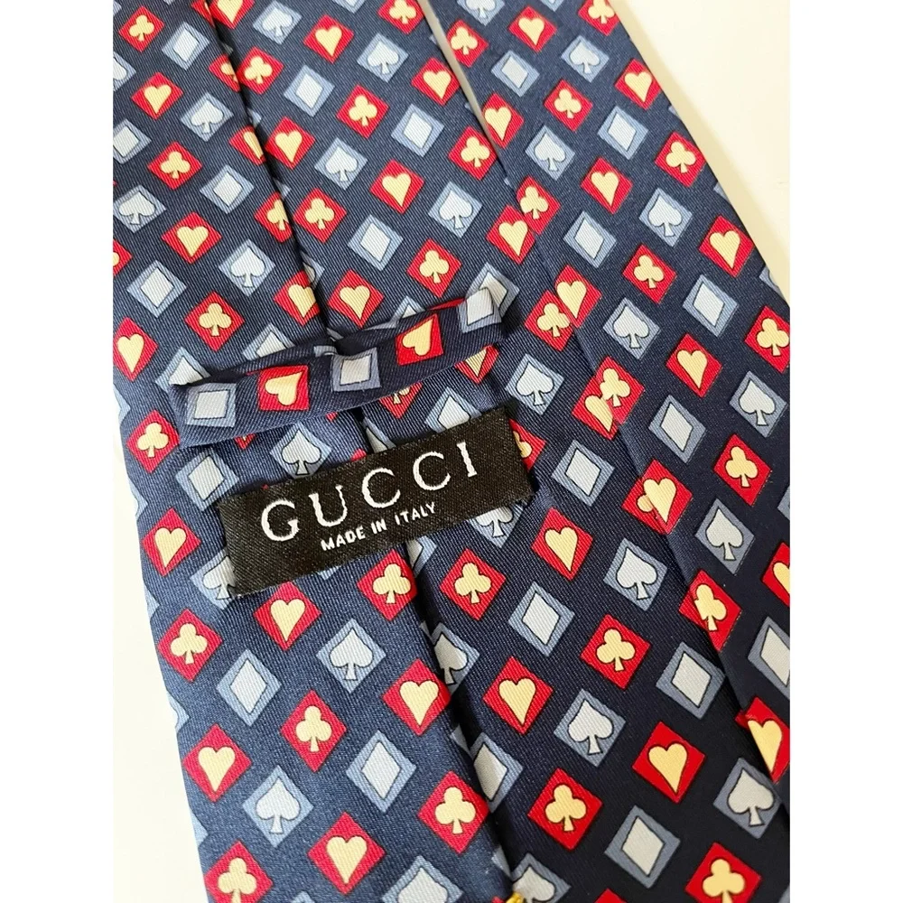 Gucci blue/red/gold card print silk tie